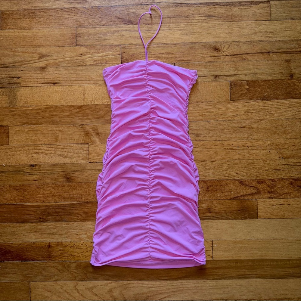 ZARA Y2K Style Mini Dress Pink Halter Scrunched‎ Ruched Bodycon size XS